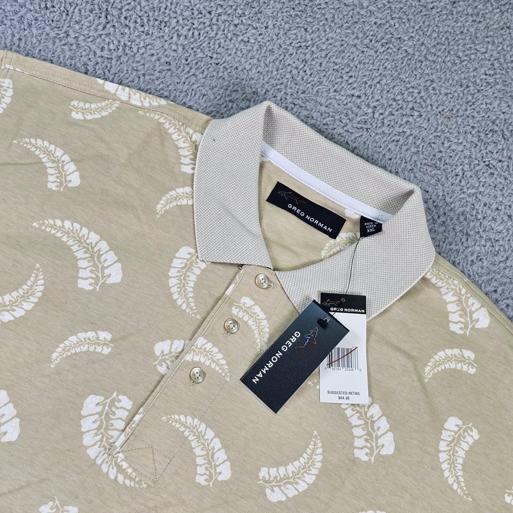 Greg Norman Polo Shirt Mens 2XL Beige Floral Print Golf Jersey Short Sleeve